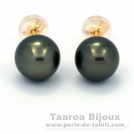 Boucles d\'Oreilles en Or 18K et 2 Perles de Tahiti 1 Ronde 1 Semi-Ronde B 8 mm