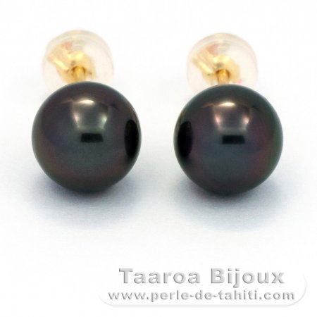 Boucles d\'Oreilles en Or 18K et 2 Perles de Tahiti Rondes C 8.1 mm