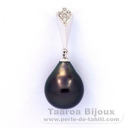 Pendentif en Or blanc 14K + 4 Diamants 0.02 carats VS1 et 1 Perle de Tahiti Semi-Baroque A 9.9 mm