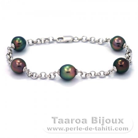 Bracelet en Argent et 5 Perles de Tahiti Semi-Baroques B  8.8  9.2 mm