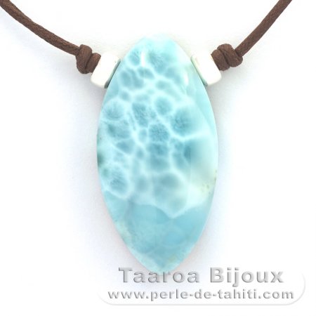 Collier en Coton, Argent et 1 Larimar - 40 x 20 x 9.5 mm - 13.4 gr