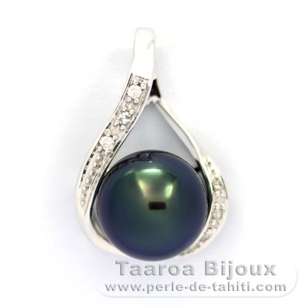 Pendentif en Or blanc 14k + 6 diamants 0.04 carats VS1 et 1 Perle de Tahiti Ronde B+ 9.3 mm