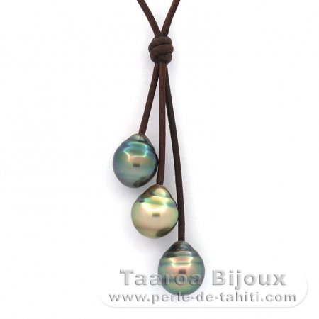 Collier en Cuir et 3 Perles de Tahiti Cercles C 11  11.6 mm