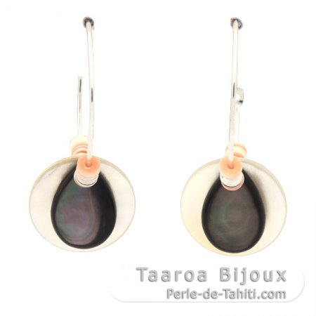 Boucles d\'oreilles en Argent, Nacre de Tahiti et Nacre blanche