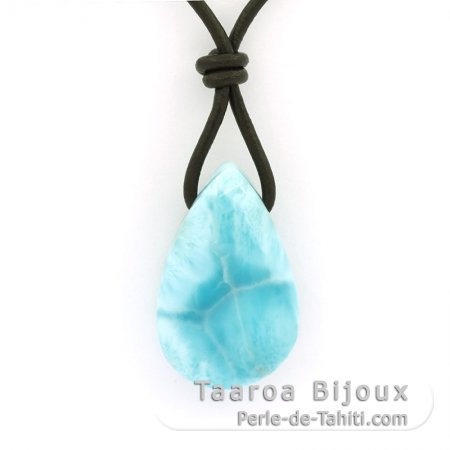 Collier en Cuir et 1 Larimar - 26 x 16.5 x 9.2 mm - 6.2 gr