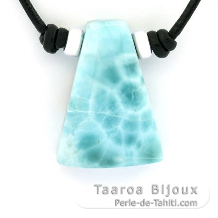 Collier en Cuir, Argent et 1 Larimar - 26 x 18 x 8 mm - 6.5 gr