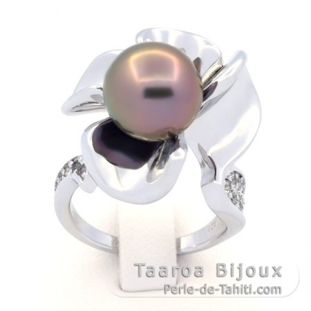 Bague en Argent et 1 Perle de Tahiti Ronde B/C 10 mm