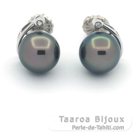 Boucles d\'Oreilles en Argent et 2 Perles de Tahiti Rondes C 10.4 mm