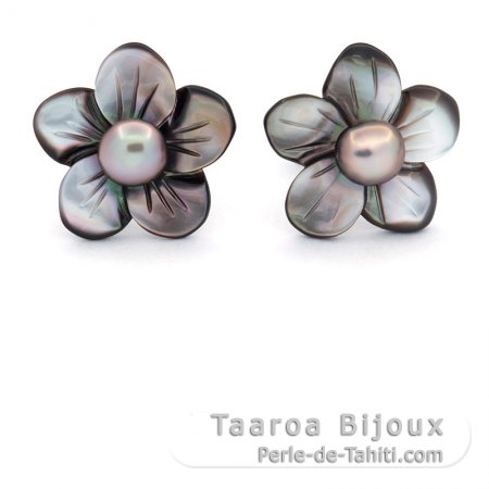 Boucles d\'Oreilles en Argent, Nacre et 2 Keishis de Tahiti