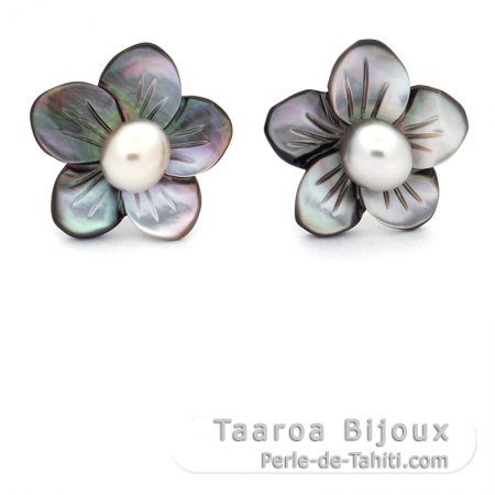 Boucles d\'Oreilles en Argent, Nacre et 2 Keishis de Tahiti