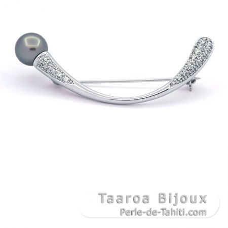 Broche en Argent et 1 Perle de Tahiti Ronde B/C 10.5 mm