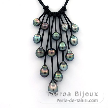 Collier en Cuir et 15 Perles de Tahiti Cercles B & C de 9.3  11.3 mm