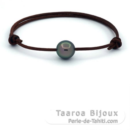 Bracelet en Cuir et 1 Perle de Tahiti Semi-Ronde C 10.2 mm