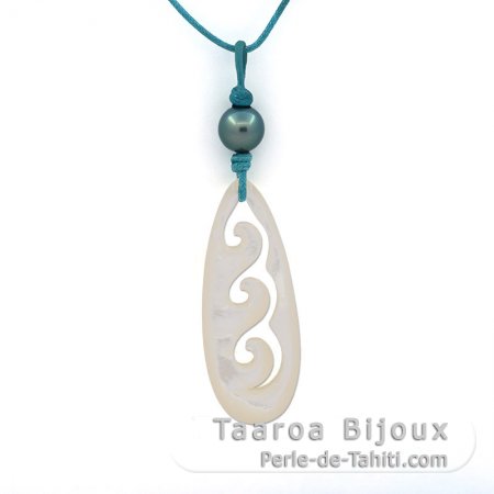 Collier en Coton, Nacre et 1 Perle de Tahiti Semi-Ronde C 8.5 mm