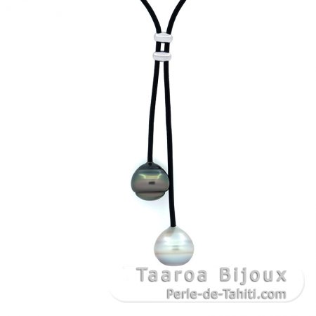 Collier en Cuir et 2 Perles de Tahiti Cercles C 13.2 et 13.9 mm