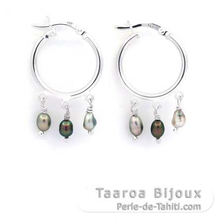 Boucles d\'Oreilles en Argent et 6 Keishis de Tahiti