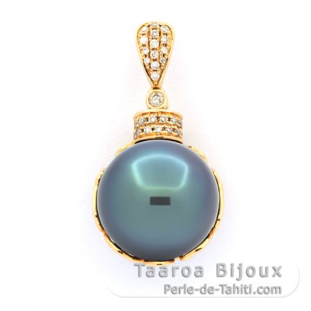 Pendentif en Or 18K + 35 diamants et 1 Perle de Tahiti Ronde A/B 14 mm