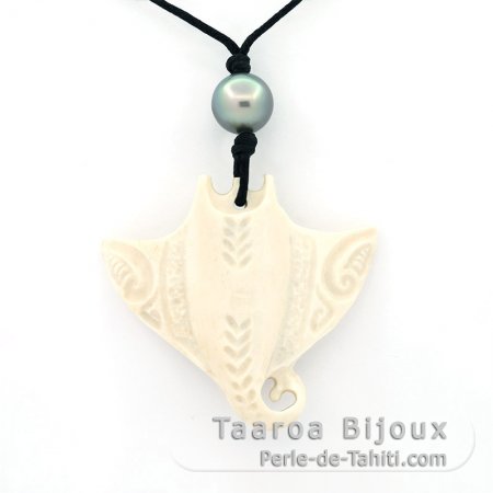 Collier en Coton, Pendentif en Os et 1 Perle de Tahiti Semi-Ronde C 9.6 mm