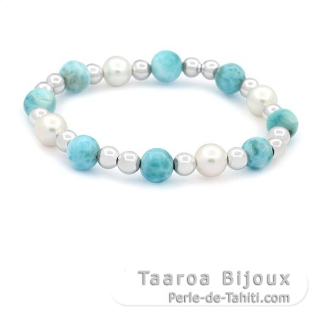 Bracelet de 8 Perles en Larimar de 8.5  9.3 mm - 17.5 cm