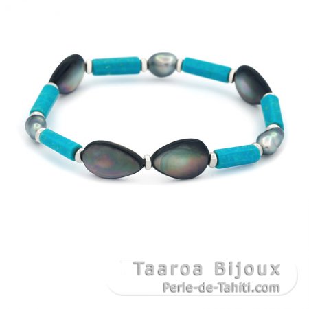 Bracelet de 3 Keishis de Tahiti, Argent, Turquoise et Nacre