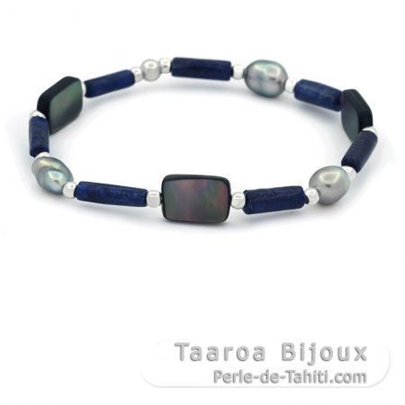 Bracelet de 3 Keishis de Tahiti, Argent, Lapis-Lazuli et Nacre