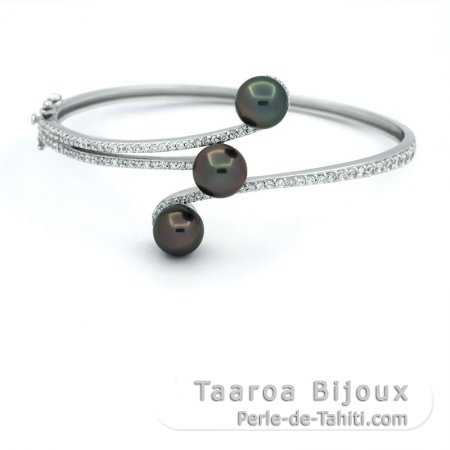 Bracelet en Argent et 3 Perles de Tahiti Rondes C de 7.9  8.3 mm