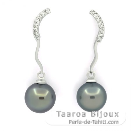 Boucles d\'oreilles en Argent et 2 Perles de Tahiti Rondes 1 B & 1 C 9.6 mm