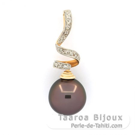 Pendentif en Or 14K + 15 Diamants et 1 Perle de Tahiti Semi-Baroque B 11.9 mm