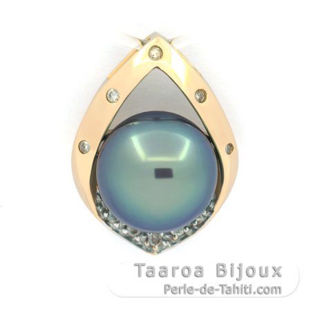 Pendentif en Or 14k + 12 diamants et 1 Perle de Tahiti Semi-Ronde B 10.2 mm