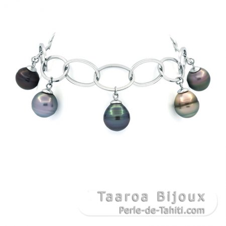 Bracelet en Argent et 5 Perles de Tahiti Cercles C de 11.5  11.9 mm