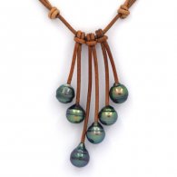 Collier en Cuir et 6 Perles de Tahiti Cercles C+ de 9  9.2 mm