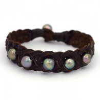 Bracelet en Cuir et 6 Perles de Tahiti Semi-Baroques C de 8.5  9.3 mm
