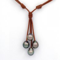 Collier en Cuir et 4 Perles de Tahiti Semi-Baroques B/C de 9.7  10.1 mm