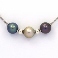 Collier en Argent et 3 Perles de Tahiti Semi-Rondes C+ de 10.7  11 mm