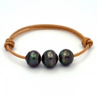 Bracelet en Cuir et 3 Perles de Tahiti Cercles C de 12.5  13.5 mm
