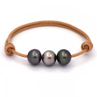 Bracelet en Cuir et 3 Perles de Tahiti Semi-Baroques B de 11  11.3 mm