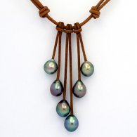 Collier en Cuir et 6 Perles de Tahiti Semi-Baroques C de 9.6  9.9 mm