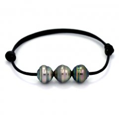 Bracelet en Cuir et 3 Perles de Tahiti Cercles C  9.7  9.8 mm