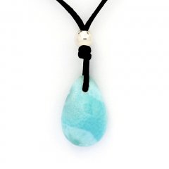 Collier en Coton, Argent et 1 Larimar - 18 x 12 x 6.8 mm - 2.4 gr