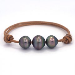 Bracelet en Cuir et 3 Perles de Tahiti Cercles C  12  13.2 mm