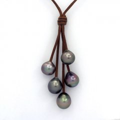 Collier en Cuir et 5 Perles de Tahiti Semi-Baroques B/C  10  10.3 mm