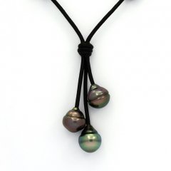 Collier en Cuir et 3 Perles de Tahiti Cercles B 10.1  10.3 mm