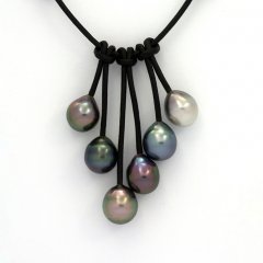 Collier en Cuir et 6 Perles de Tahiti Semi-Baroques C  9  9.5 mm