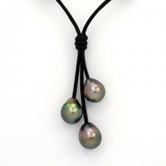 Collier en Cuir et 3 Perles de Tahiti Semi-Baroques B  9  9.3 mm