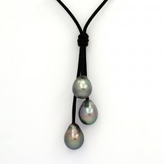 Collier en Cuir et 3 Perles de Tahiti Semi-Baroques B  9.6  9.9 mm