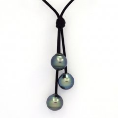 Collier en Cuir et 3 Perles de Tahiti Cercles C+  10  10.3 mm