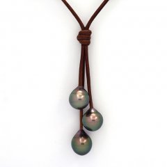 Collier en Cuir et 3 Perles de Tahiti Semi-Baroques B  9.5  9.9 mm