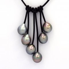 Collier en Cuir et 6 Perles de Tahiti Semi-Baroques B  9.5  9.9 mm