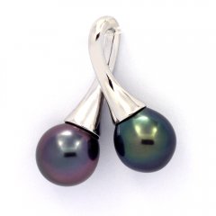 Pendentif en Argent et 2 Perles de Tahiti Semi-Baroques B+ 9.5 et 9.6 mm