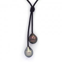 Collier en Cuir et 2 Perles de Tahiti Cercles C 10.5 et 10.7 mm